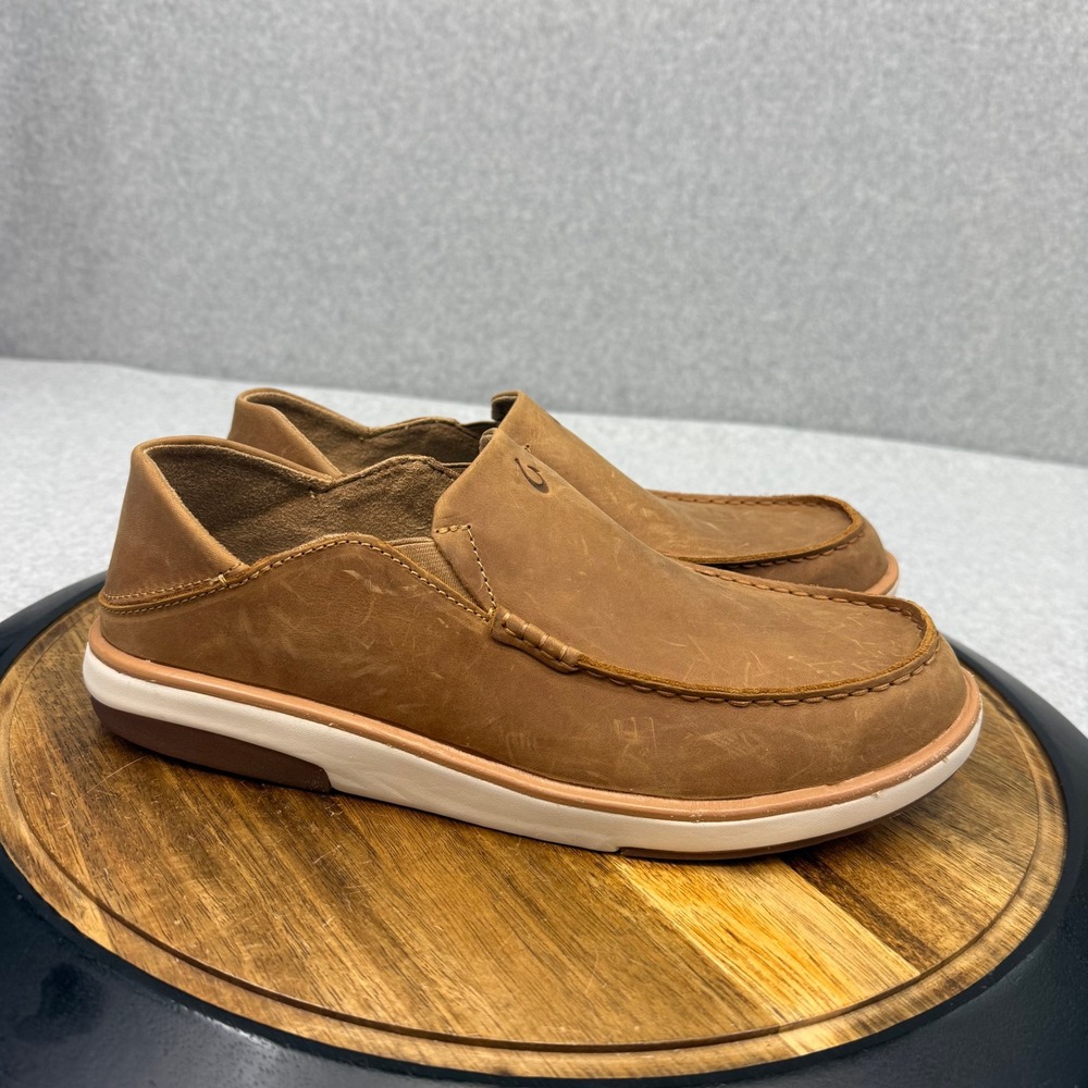 OluKai Kalia Mens 9.5 Tan Leather Slip On Loafers 10453-3434 Drop-In Heel